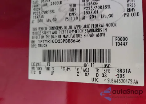 2003 Ford Ranger Xl/Xlt z USA, uszkodzony, nr VIN 1FTYR10D23PB88646